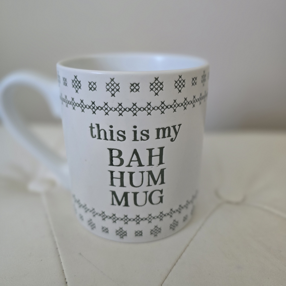 Bah Hum Mug in White with Black Text
